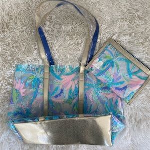 Lilly Pulitzer Blue Pink Green Tropical Print Tote with Gold Trim